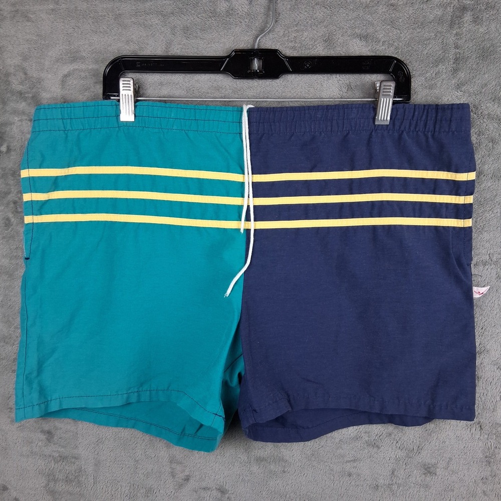 Vintage 80S Jantzen Colorblock Swim Trunks Mens 34 Navy Teal Yellow Made in USA